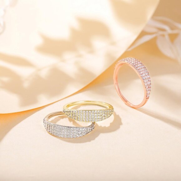 Women's Gold Plated Slim Signet Ring Stackable Pave Cubic Rings for Her - Picture 3 of 6